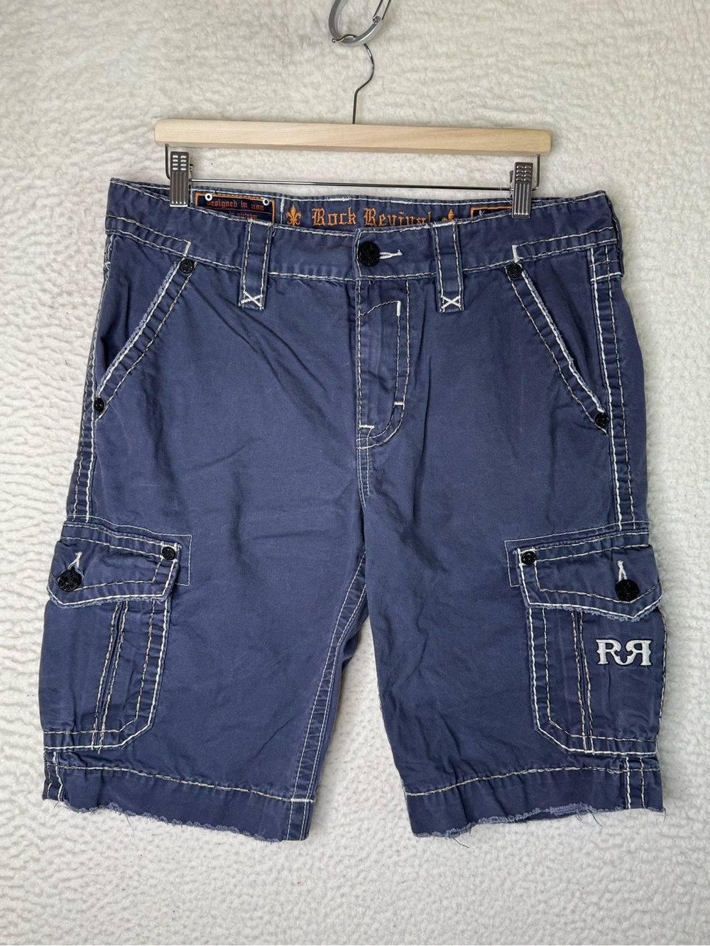 Rock Revival Classic Cargo Shorts Navy Blue Men's Size 33 Distressed - Picture 2 of 11